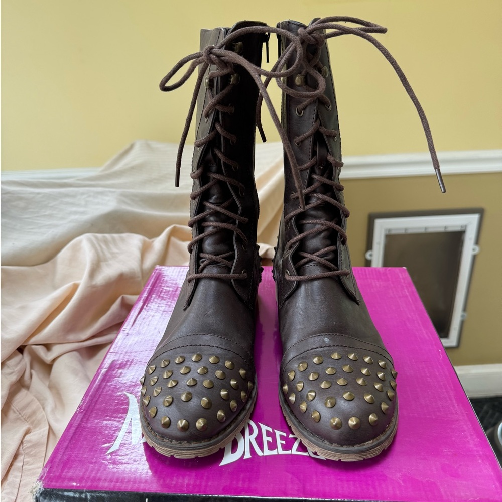 Brown Studded Lace-Up Combat Boots